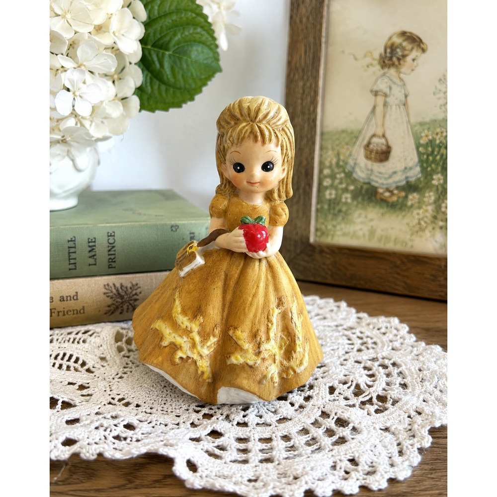George Good 1974 Josef Originals Sticker Figurine School Girl Apple Ceramic 3.5"